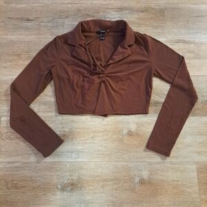 Forever21 Brown Long Sleeve Ribbed Crop Top Women's Size Large